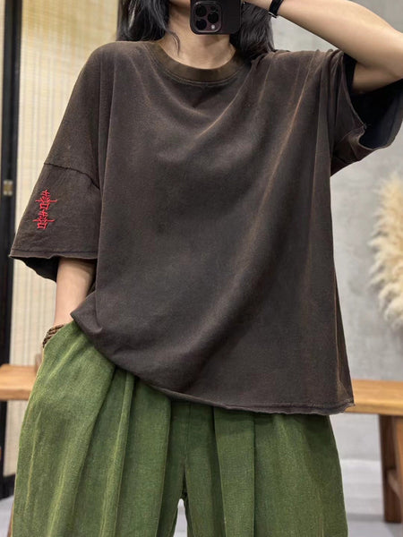 女性のレトロな刺繍スプライスされたルーズ T シャツ